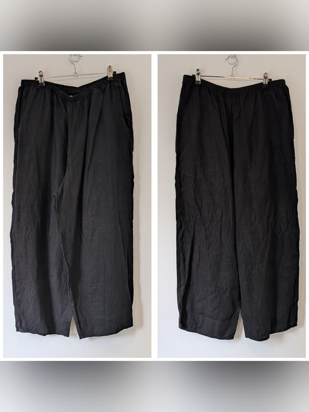 Flax 100% Linen Wide Leg Pants Size L Black Lagenlook Minimalist